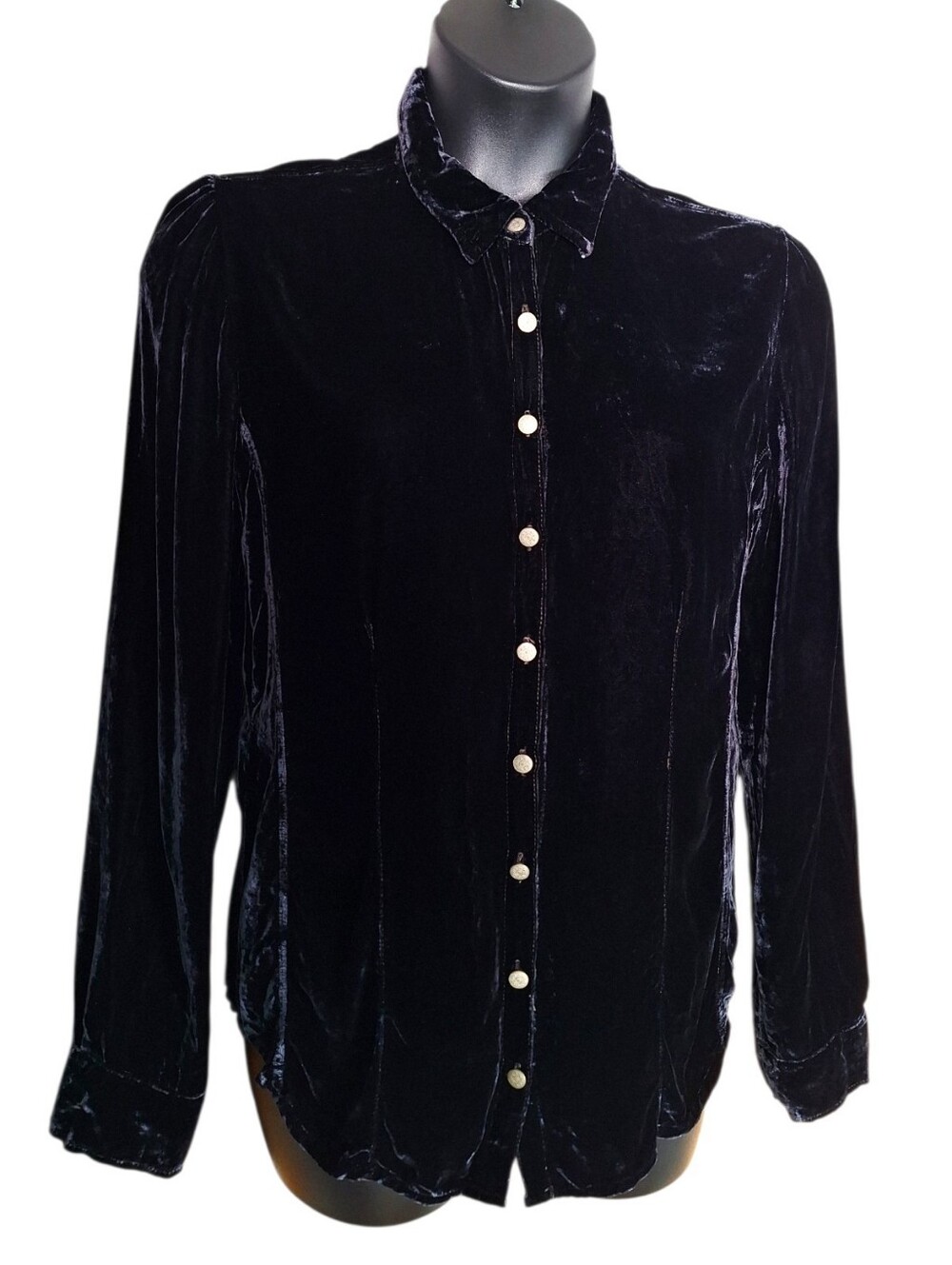 Mod-o-doc Long Sleeve Button Up Top Womens L Velvet Silk Blend Blue Black Boho